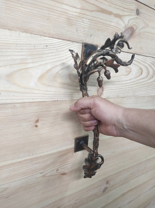 Hand Forged Wrought Iron Door Handle: Oak Branch Design