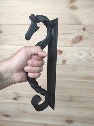 door handle, horse door handle, metal handle, hand forged handle, barn door handle, door decor, wrought hardware, metal forged handle