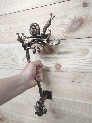 Hand Forged Wrought Iron Door Handle: Snail on Oak Branch