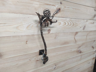 Hand Forged Wrought Iron Door Handle: Snail on Oak Branch