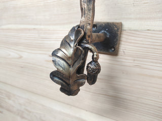 Hand Forged Wrought Iron Door Handle: Snail on Oak Branch