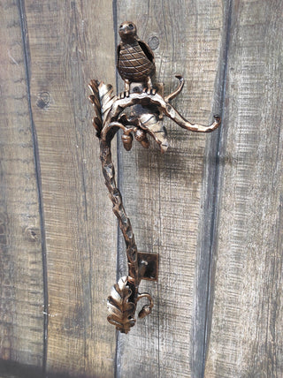 Hand Forged Wrought Iron Door Handle: Bird on oak branch