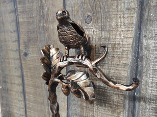 Hand Forged Wrought Iron Door Handle: Bird on oak branch