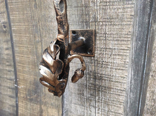 Hand Forged Wrought Iron Door Handle: Bird on oak branch