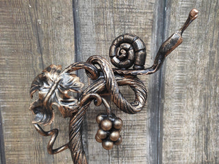 Hand Forged Wrought Iron Door Handle: Snail on Grapevine