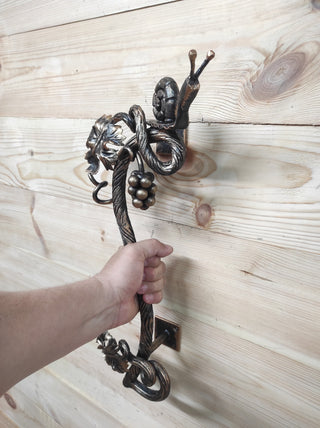 Hand Forged Wrought Iron Door Handle: Snail on Grapevine