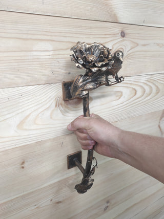 Hand Forged Wrought Iron Door Handle: Bird & Poppy Flower
