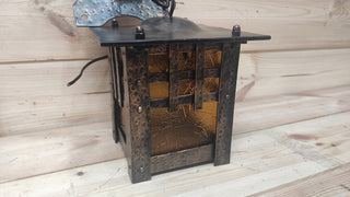 Hand Forged Metal Ceiling Lantern: Amber Glass, Wrought Iron Sconce