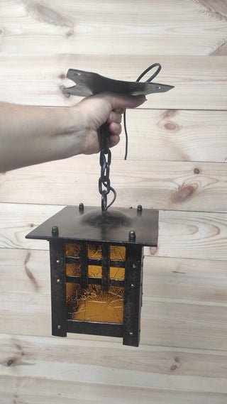Hand Forged Metal Ceiling Lantern: Amber Glass, Wrought Iron Sconce