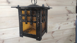 Hand Forged Metal Ceiling Lantern: Amber Glass, Wrought Iron Sconce