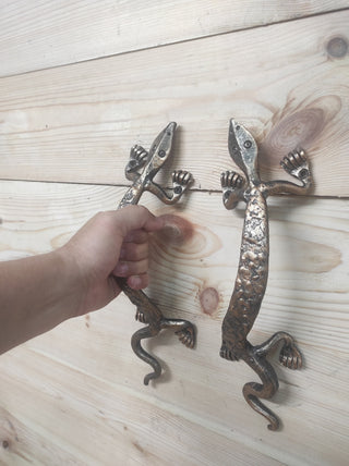 Hand Forged Lizard Door Handle Set: Rustic Barn Decor Pulls