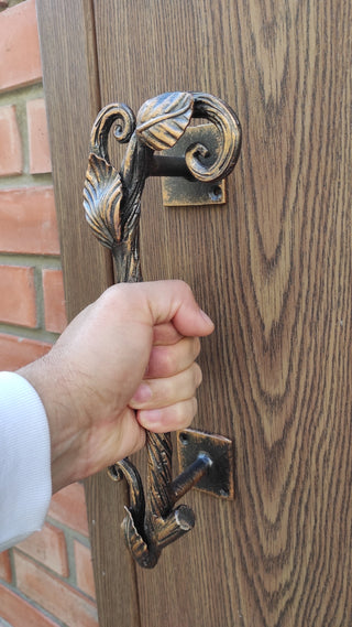 Hand Forged Steel Barn Door Handle: Branch & Flower Design