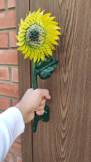 Hand Forged Steel Sunflower Barn Door Handle - 15.74"