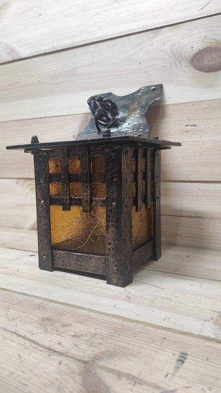 Hand Forged Metal Ceiling Lantern: Amber Glass, Wrought Iron Sconce