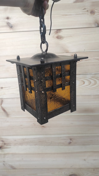 Hand Forged Metal Ceiling Lantern: Amber Glass, Wrought Iron Sconce