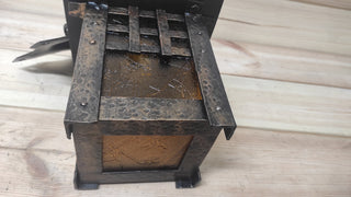 Hand Forged Metal Ceiling Lantern: Amber Glass, Wrought Iron Sconce