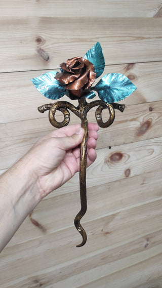 Rose door handle, door handle, metal handle, hand forged handle, barn door handle, door decor, wrought hardware, metal forged handle