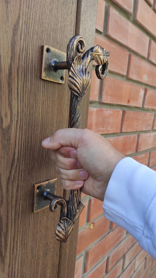 Hand Forged Steel Barn Door Handle: Branch & Flower Design