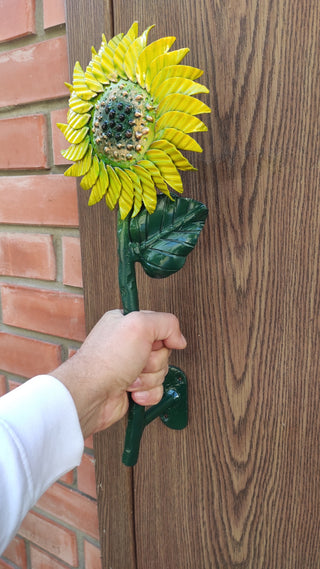 Hand Forged Steel Sunflower Barn Door Handle - 15.74"