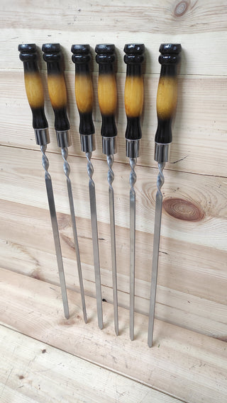 Hand Forged Stainless Steel Skewers with Wood Handle - Set of 6