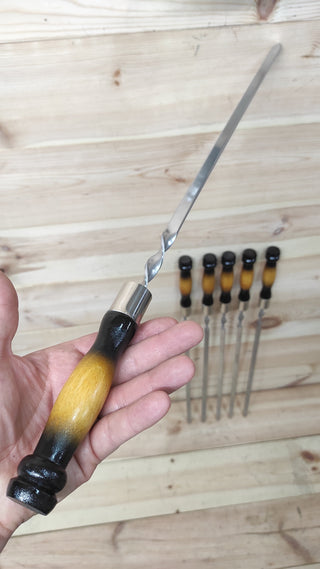 Hand Forged Stainless Steel Skewers with Wood Handle - Set of 6