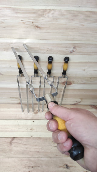 Hand Forged Stainless Steel Skewer Set: Wooden Handle Grill Tools