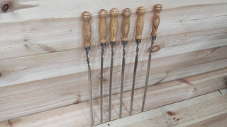 Hand Forged Stainless Steel BBQ Skewers with Wood Handle - Set of 6