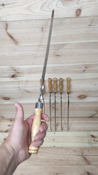 Hand Forged Stainless Steel BBQ Skewers with Wood Handle - Set of 6