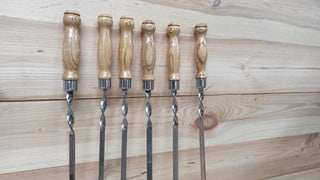 Hand Forged Stainless Steel BBQ Skewers with Wood Handle - Set of 6
