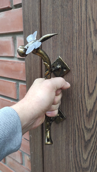 Dragonfly Barn Door Handle: Hand-Forged Wrought Iron Branch Pull