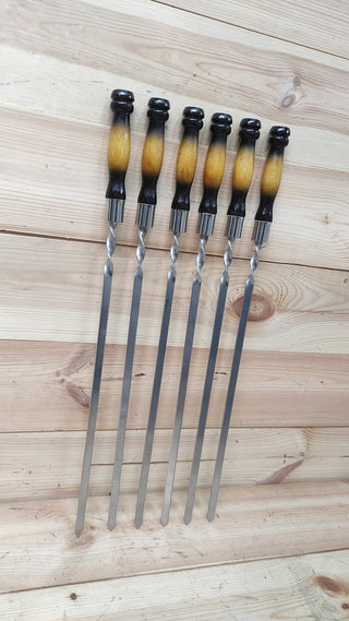 Hand Forged Stainless Steel Skewers with Wood Handle - Set of 6
