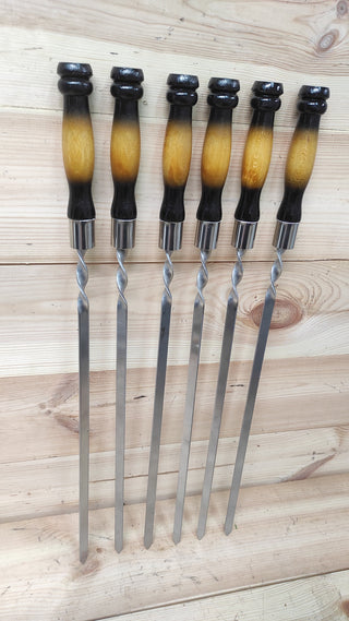 Hand Forged Stainless Steel Skewers with Wood Handle - Set of 6