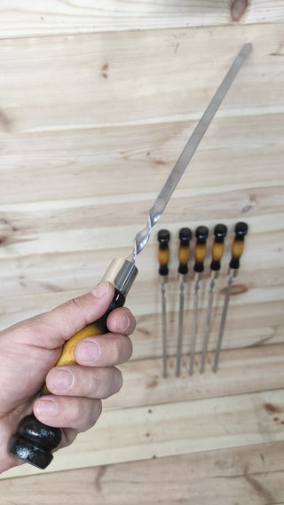 Hand Forged Stainless Steel Skewers with Wood Handle - Set of 6
