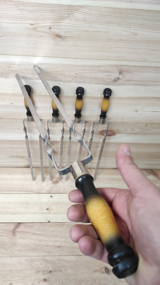 Hand Forged Stainless Steel Skewer Set: Wooden Handle Grill Tools