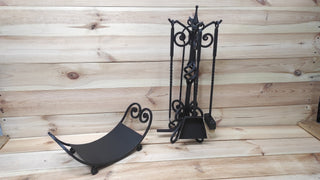 Handmade Forged Fireplace Tools Set: Poker, Tongs, Shovel, Broom & Log Holder
