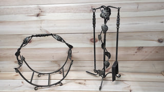 Hand Forged Fireplace Tool Set with Firewood Storage