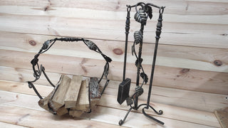 Hand Forged Fireplace Tool Set with Firewood Storage