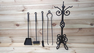 Handmade Forged Fireplace Tools Set: Poker, Tongs, Shovel, Broom & Log Holder