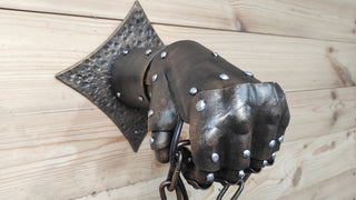 Wrought iron wall lamp on a metal knight's hand. Wall lantern, Ceiling lantern, Wrought iron sconces, lantern centerpiece, Medieval lantern