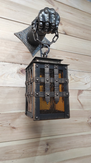 Handmade Wrought Iron Knight's Hand Wall Lantern - Medieval Sconce