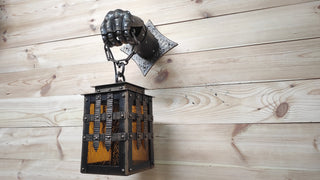 Wrought iron wall lamp on a metal knight's hand. Wall lantern, Ceiling lantern, Wrought iron sconces, lantern centerpiece, Medieval lantern