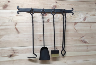 Hand Forged Fireplace Tool Set: Poker, Tongs, Shovel & Broom
