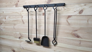 Handmade Forged Fireplace Tools Set: Poker, Tongs, Shovel, Broom & Rack