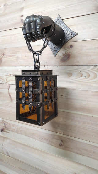 Handmade Wrought Iron Knight's Hand Wall Lantern - Medieval Sconce