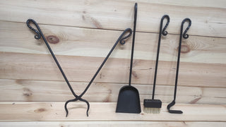 Hand Forged Fireplace Tool Set: 4-Piece Fire Tools with Wall Rack