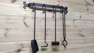 Hand Forged Fireplace Tool Set: 4-Piece Fire Tools with Wall Rack