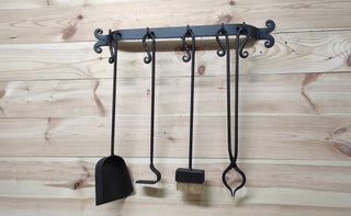 Hand Forged Fireplace Tool Set: 4-Piece Fire Tools with Wall Rack