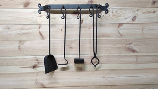 Hand Forged Fireplace Tool Set: 4-Piece Fire Tools with Wall Rack