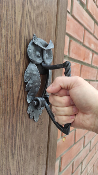 Hand Forged Owl Door Handle: Wrought Iron Barn Door Pull
