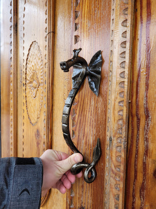 Dragon barn door handle, door decor, wrought hardware, metal forged handle